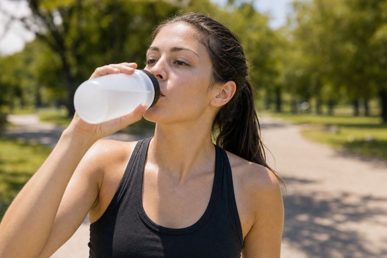 A runner pausing to drink water from a sports bottle during a run