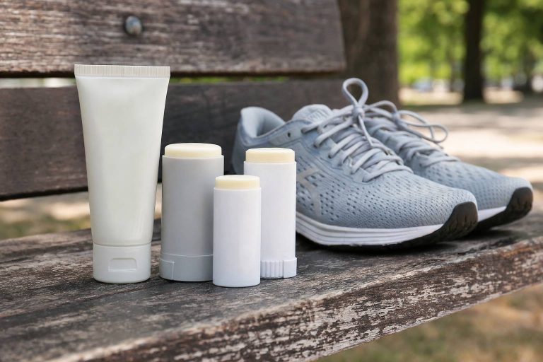 Anti-chafe balm sticks and a cream tube arranged on a wooden park bench beside running shoes