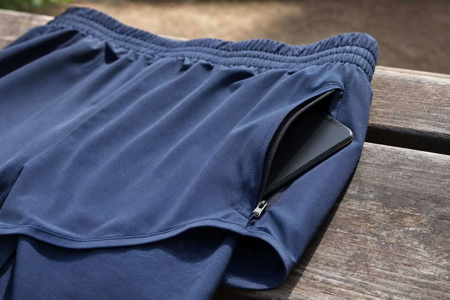 Running shorts on a wooden bench with a smartphone tucked into the zippered side pocket