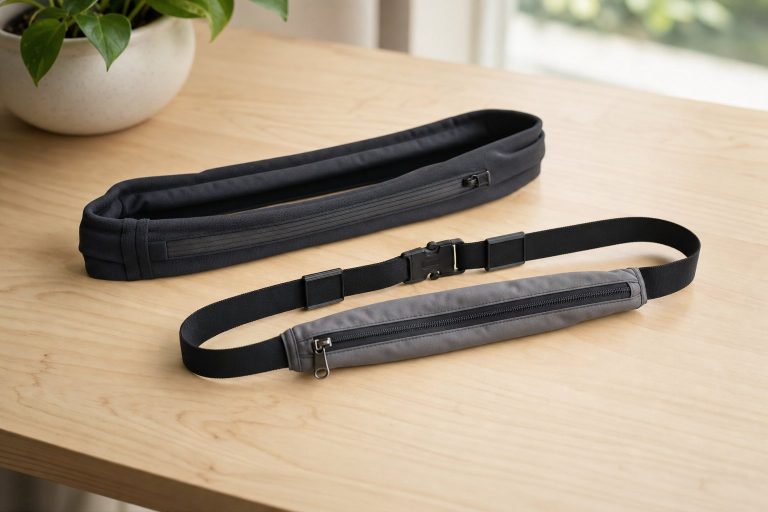 Two running belts side by side, a slim tubular waistband belt and a small pocket belt on an elastic strap