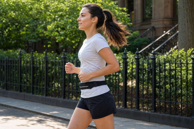 A runner on a paved sidewalk wearing a running belt snug at the waist, side view