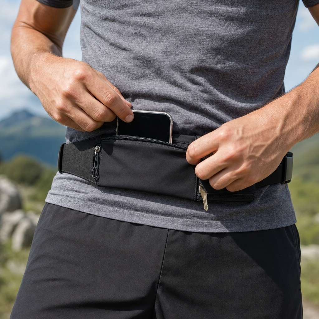 A runner tucking a smartphone into the zippered pocket of a running belt