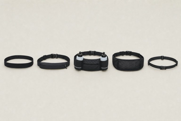 Five different running belts arranged in a row on a plain surface