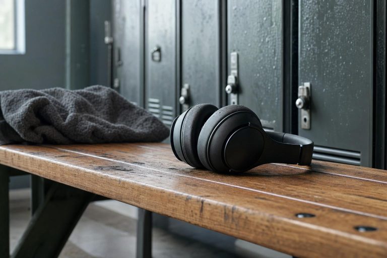 A pair of over-ear headphones resting on a locker room bench after a workout