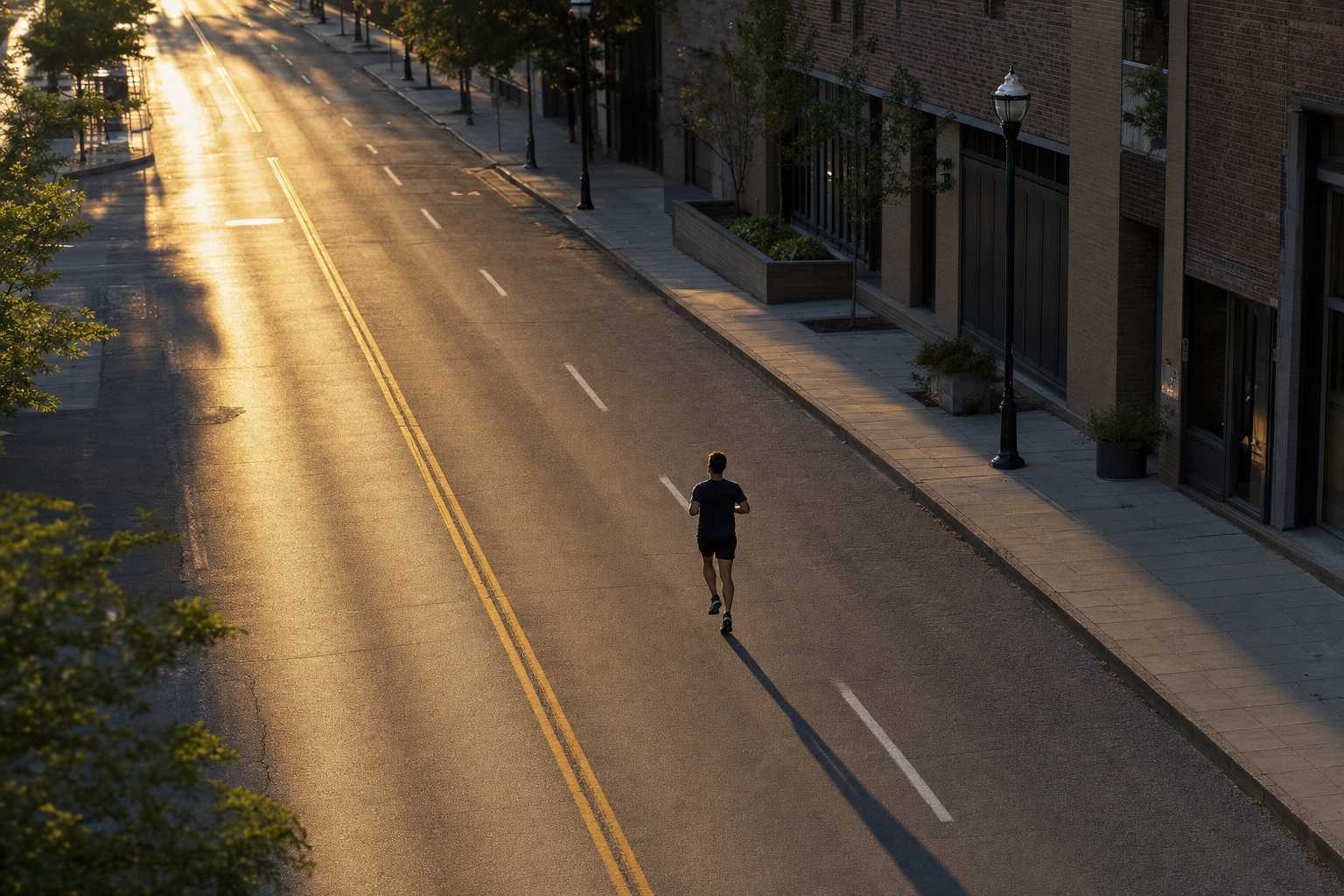 A runner heading out for a second run of the day in evening light
