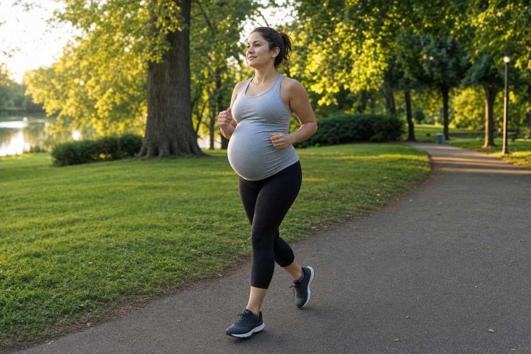 A pregnant runner jogging at an easy pace on a park path
