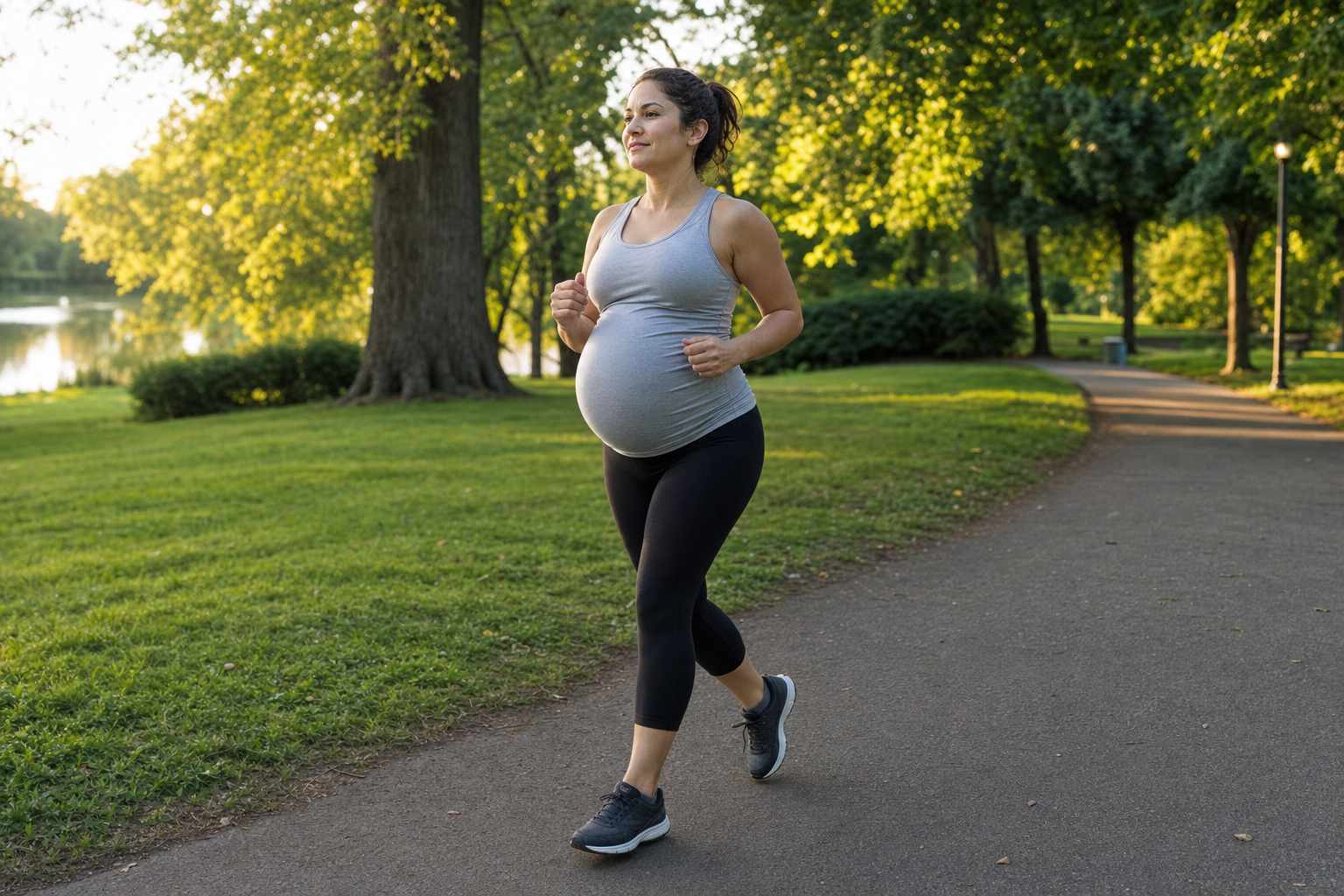 A pregnant runner jogging at an easy pace on a park path