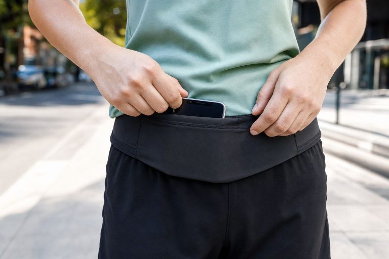 Hands tucking a smartphone into a running belt worn at the waist