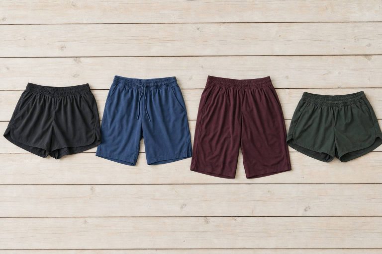 Several different types of running shorts laid out flat side by side