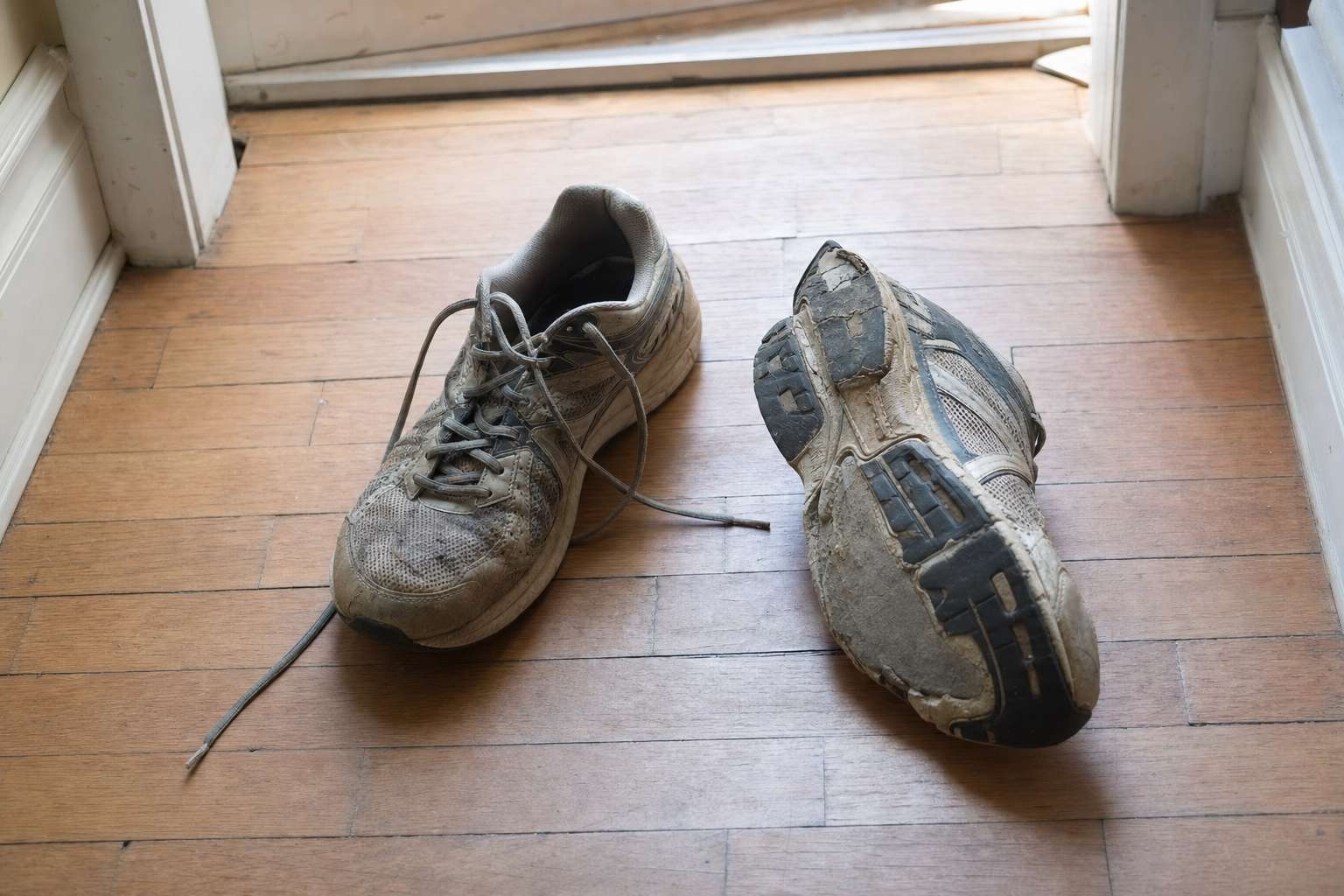 A worn pair of running shoes with visibly flattened outsole tread