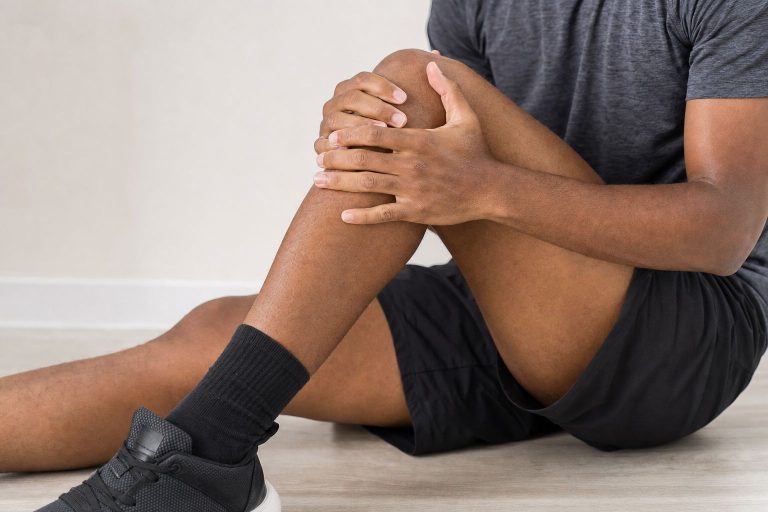 A runner resting both hands on a knee after a run
