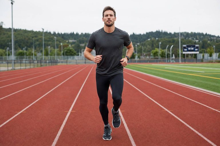 A beginner runner holding a steady comfortable pace on a running track
