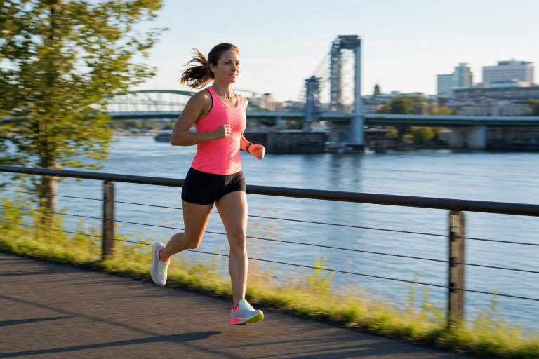 A runner with relaxed efficient form along a riverside path