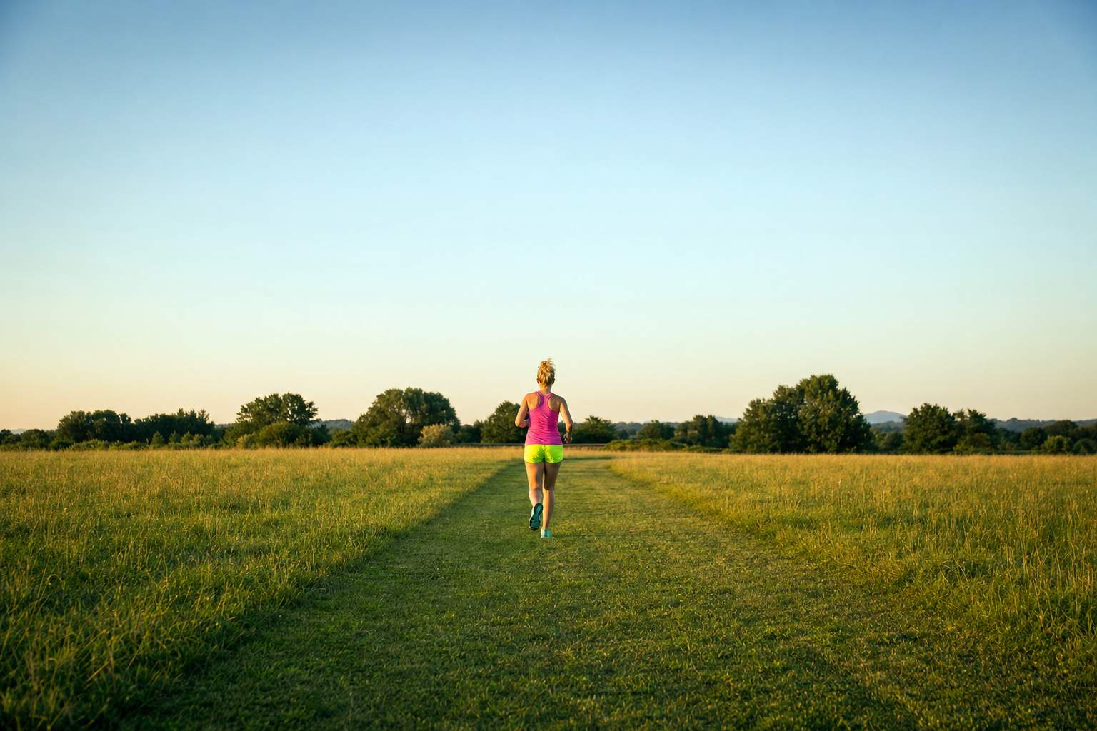 A runner finishing a short easy mile on a grass field path