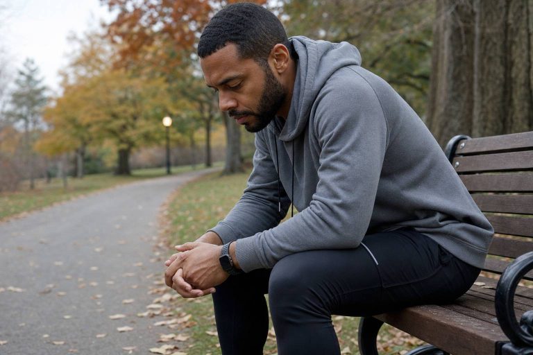 A new runner sitting on a bench looking discouraged after a run