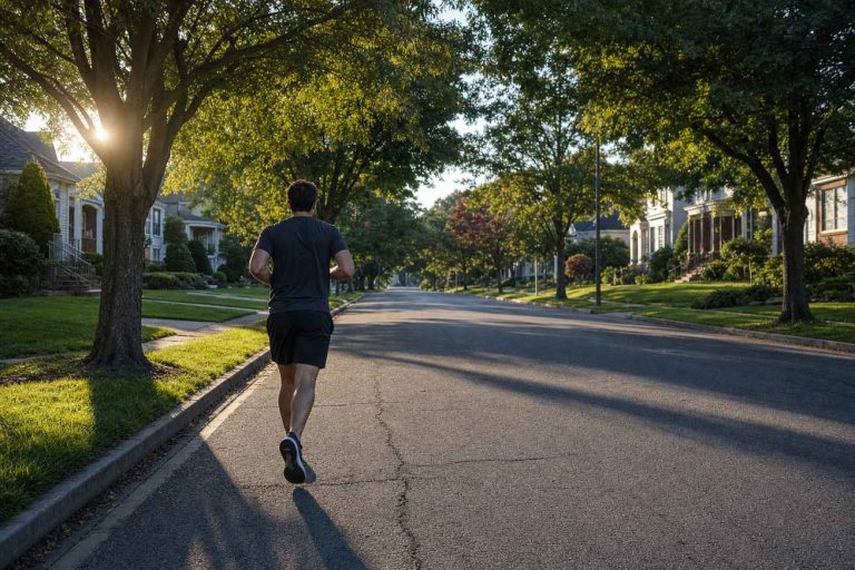A runner seen from behind on a quiet suburban street at the start of a short daily run