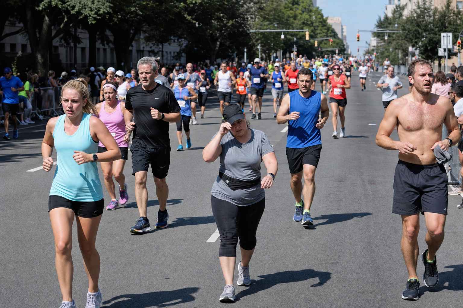 A field of amateur runners spread out along a half marathon course
