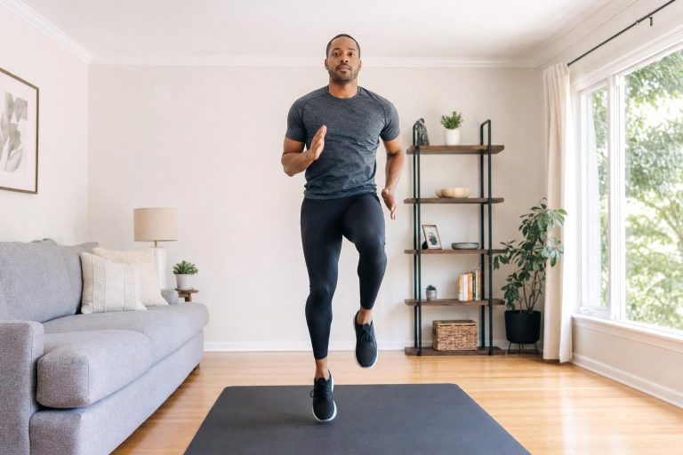 A person running in place on a mat in a living room
