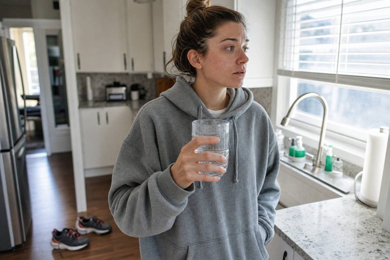 A tired runner in a hoodie holding a glass of water in a kitchen before deciding to run