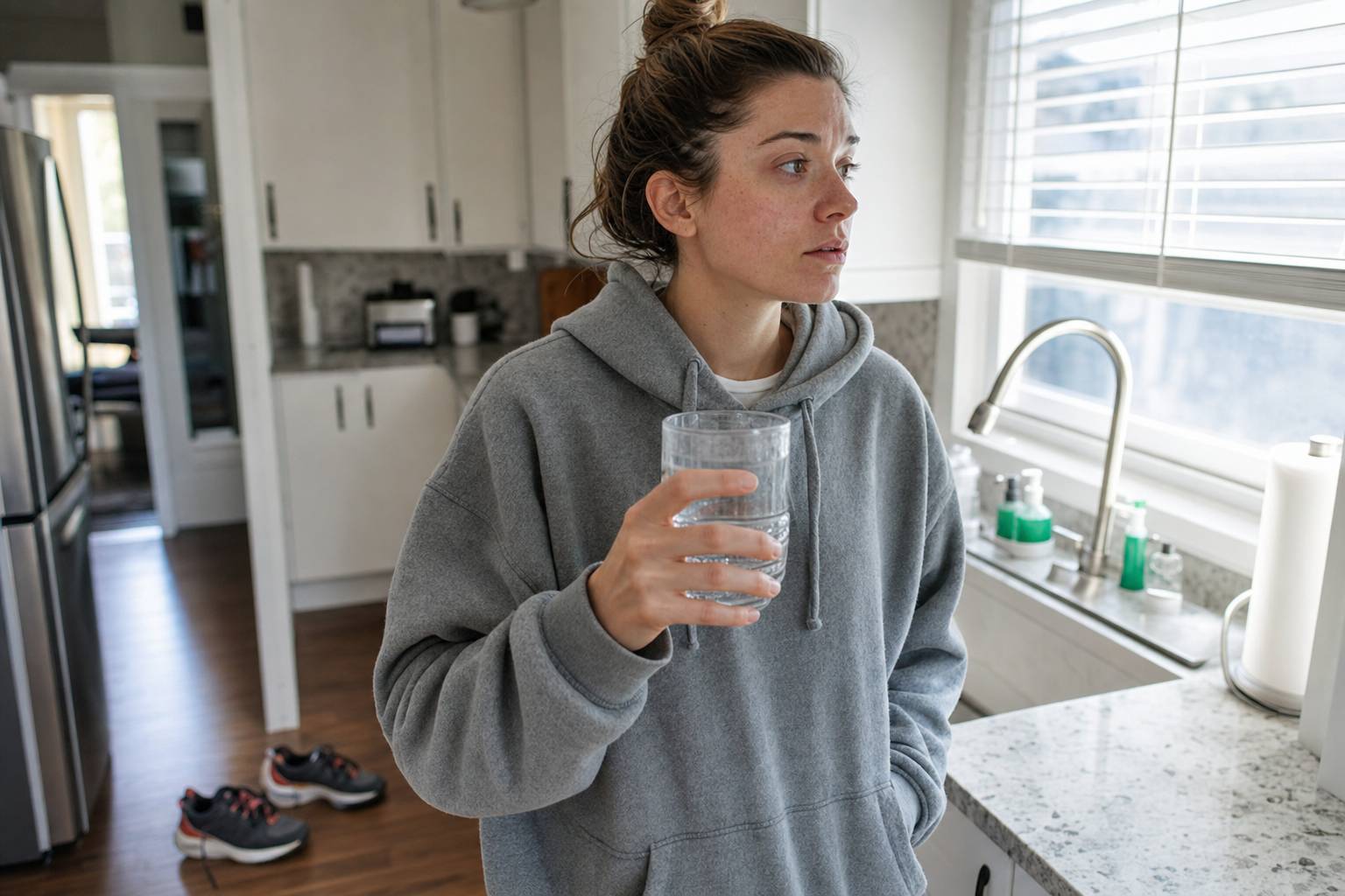 A tired runner in a hoodie holding a glass of water in a kitchen before deciding to run