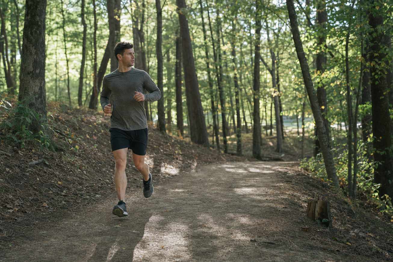 A runner on a quiet wooded path with no headphones, ears uncovered and alert to the surroundings