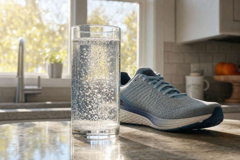 A glass of sparkling water with rising bubbles next to a running shoe